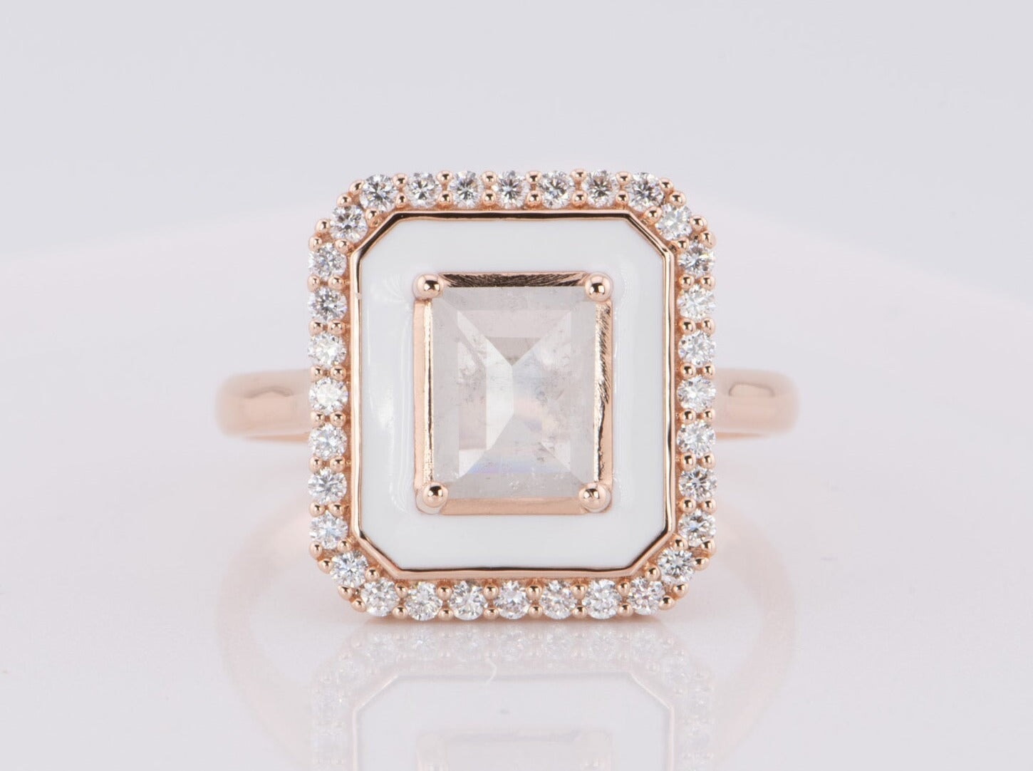 1.01ct Icy Gray Diamond with White Enamel Halo and Outer Diamonds Engagement Ring 14K Rose Gold R6596 Aurora Designer