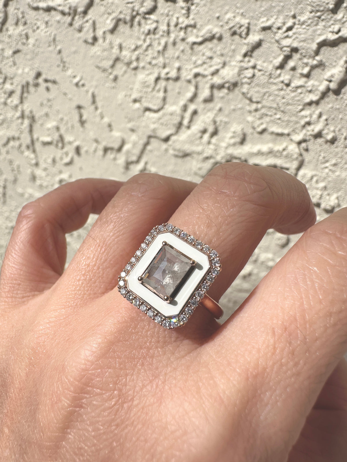 Icy Gray Diamond 1.01ct with White Enamel Halo and Outer Diamonds Engagement Ring 14K Rose Gold R6596 Aurora Designer