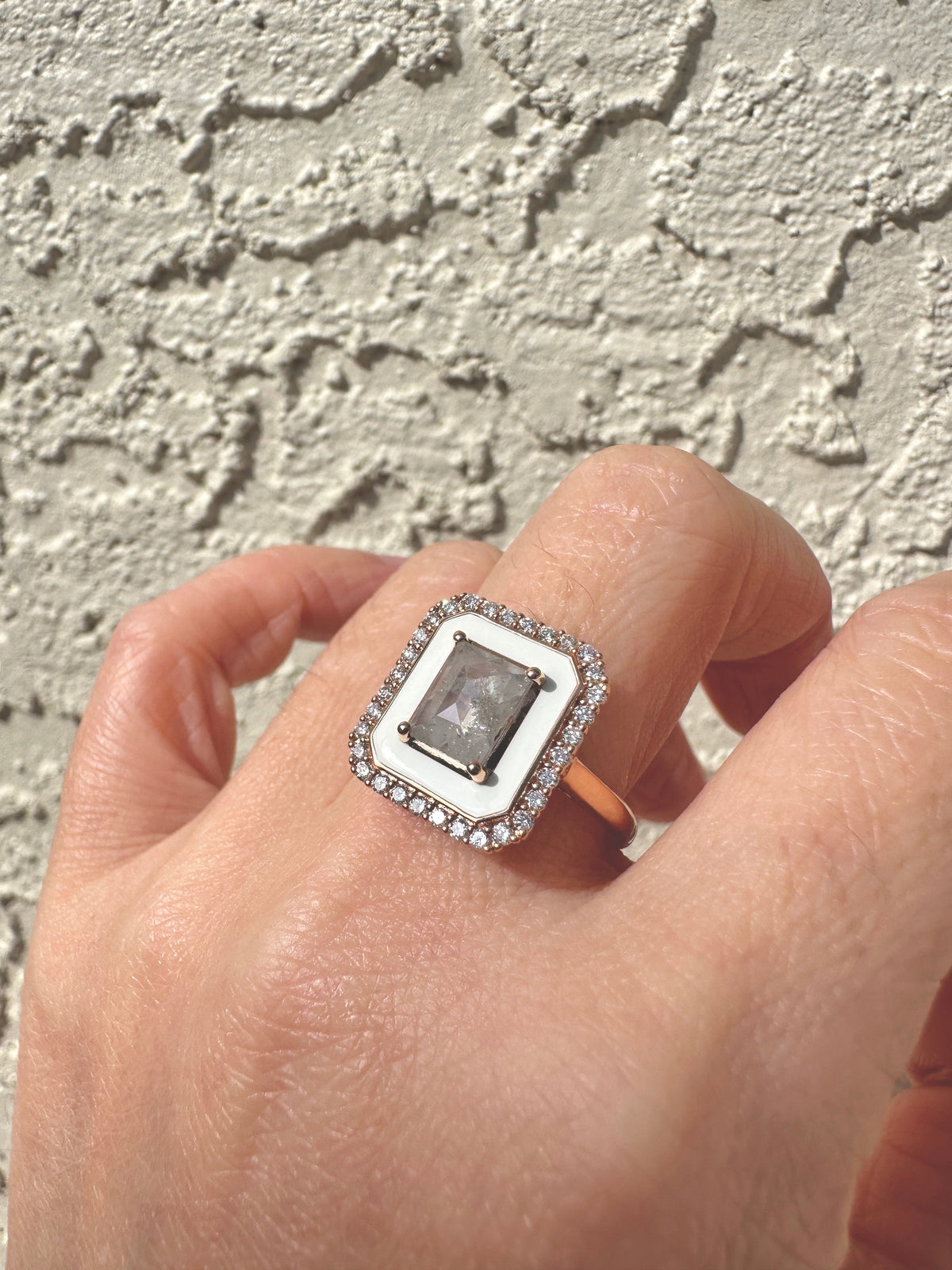Icy Gray Diamond 1.01ct with White Enamel Halo and Outer Diamonds Engagement Ring 14K Rose Gold R6596 Aurora Designer