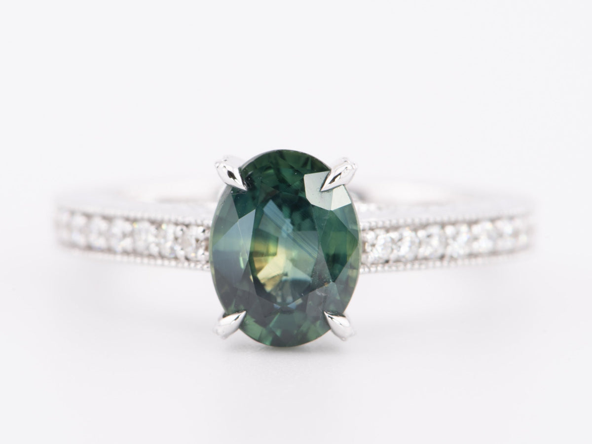 2.99ct Teal Sapphire Engagement Ring 14K White Gold with Leaf Engraving R6598 Aurora Designer