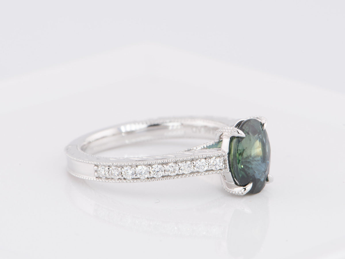 2.99ct Teal Sapphire Engagement Ring 14K White Gold with Leaf Engraving R6598 Aurora Designer