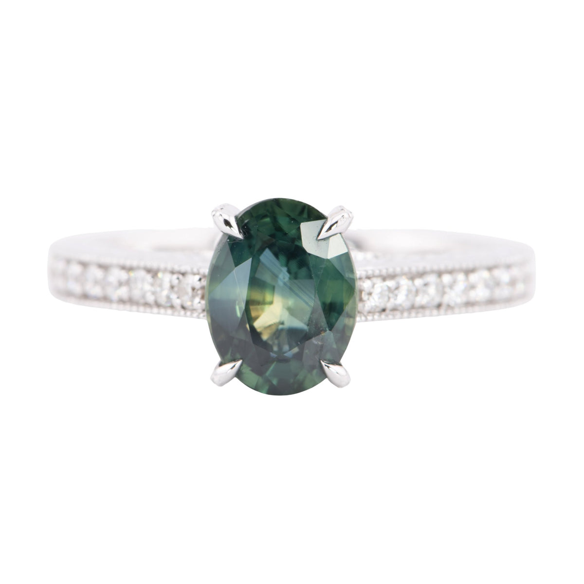 2.99ct Teal Sapphire Engagement Ring 14K White Gold with Leaf Engraving R6598 Aurora Designer