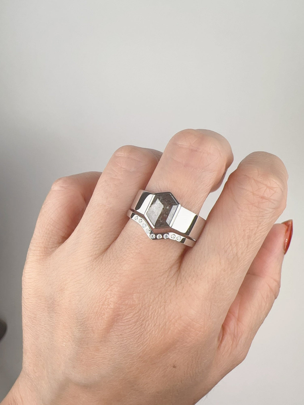 Hexagon Salt and Pepper Diamond Bridal Set 14K White Gold R6599 Aurora Designer