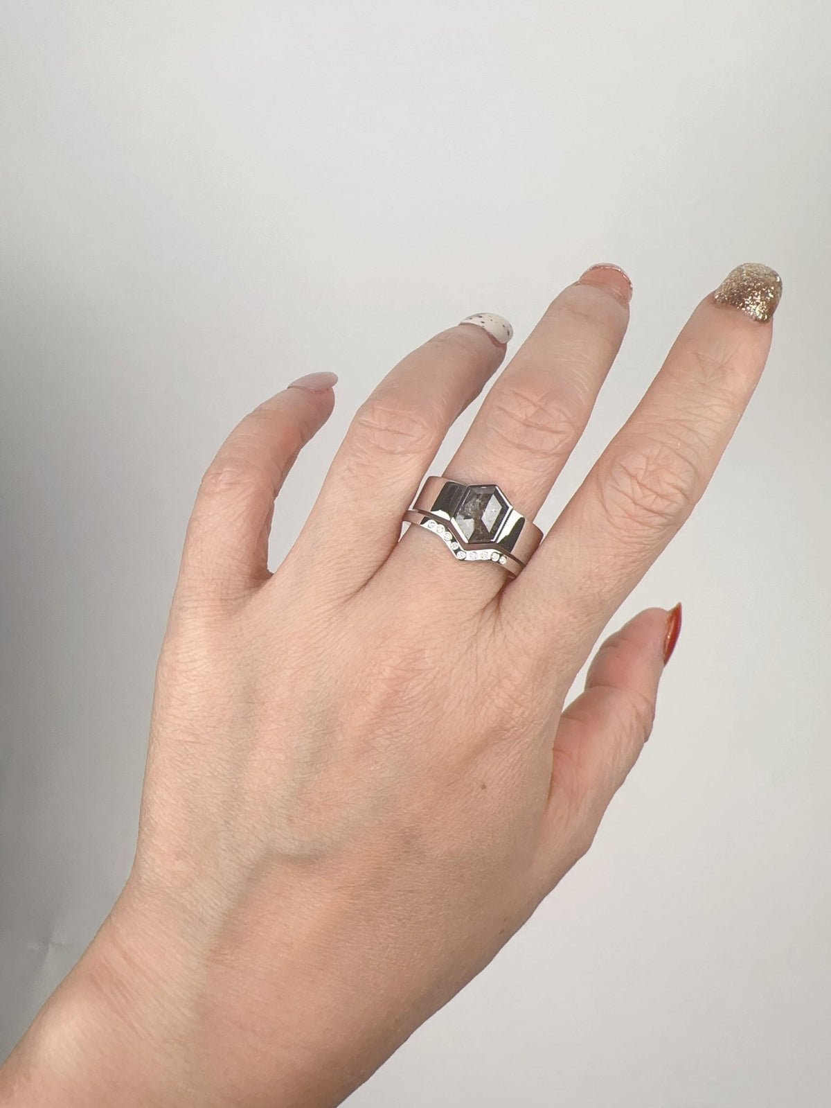 Hexagon Salt and Pepper Diamond Bridal Set 14K White Gold R6599 Aurora Designer