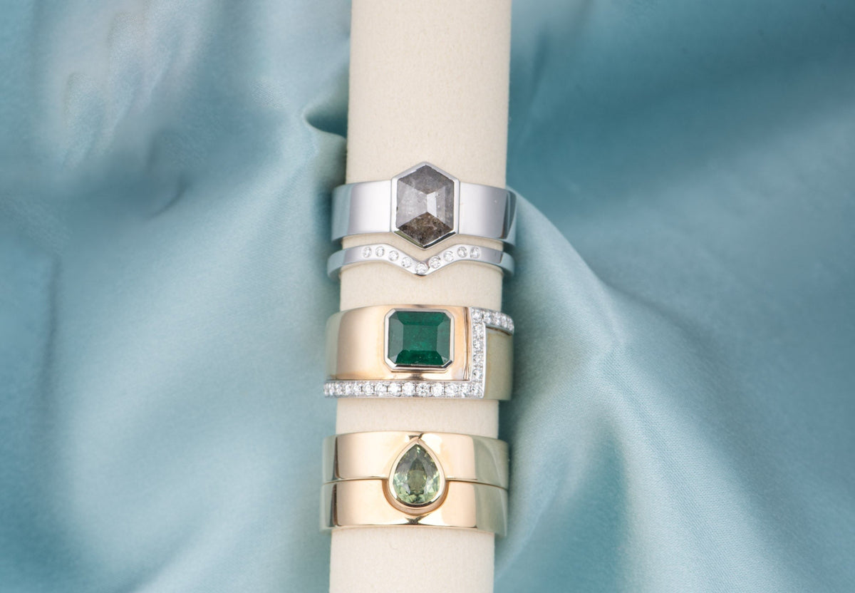 Emerald Bezel Set on 10.5mm Wide Band with Diamond Accent 14K Gold R6668 Aurora Designer