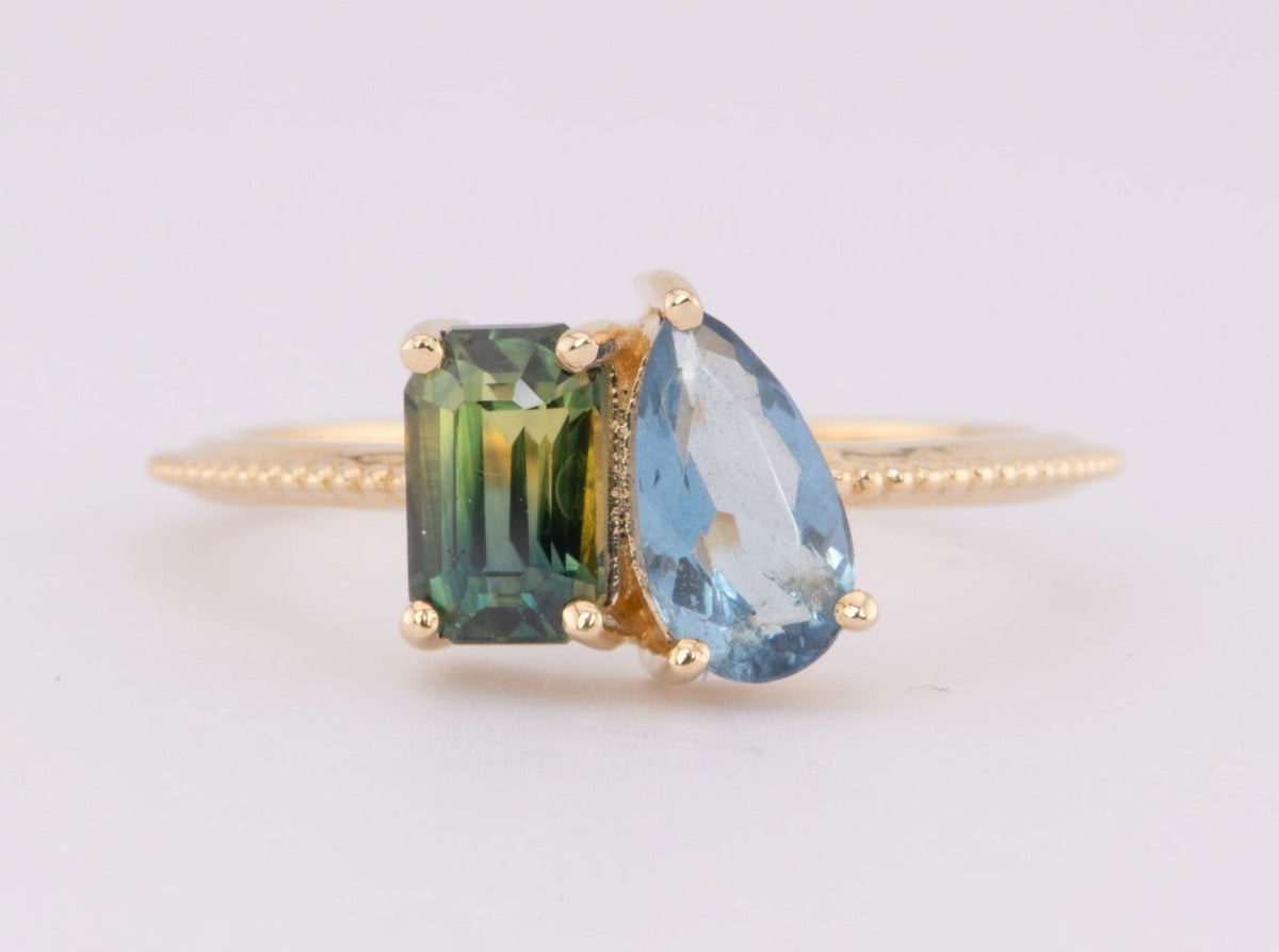 1.57ctw Bi-Color Sapphire and Santa Maria Aquamarine You and Me Ring 14K Gold R6600 Aurora Designer