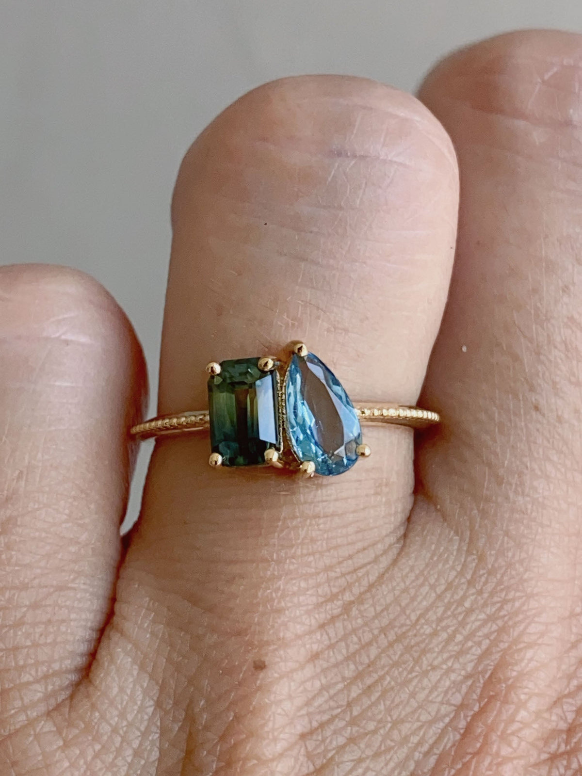 1.57ctw Bi-Color Sapphire and Santa Maria Aquamarine You and Me Ring 14K Gold R6600 Aurora Designer
