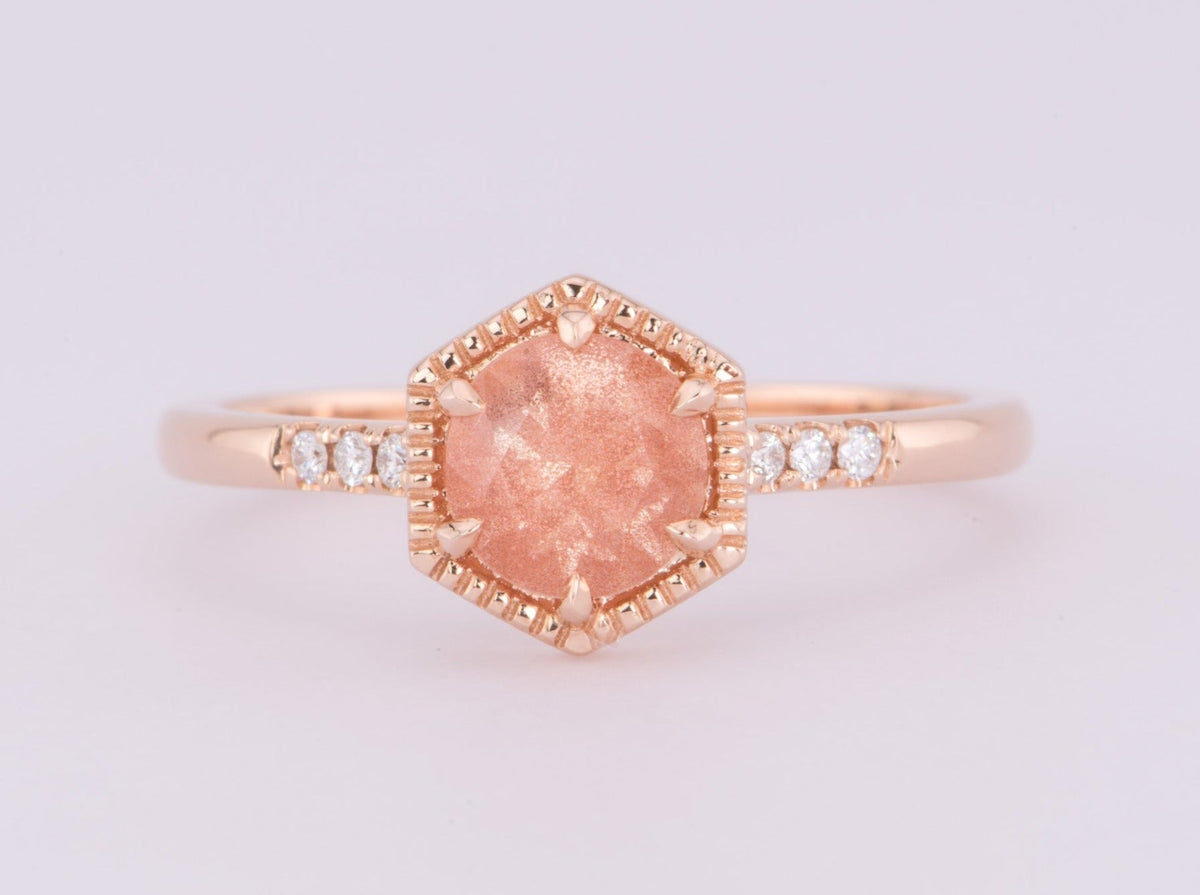 Brilliant Schiller Oregon Sunstone in Hexagon Setting 14K Rose Gold Engagement Ring R6602 Aurora Designer