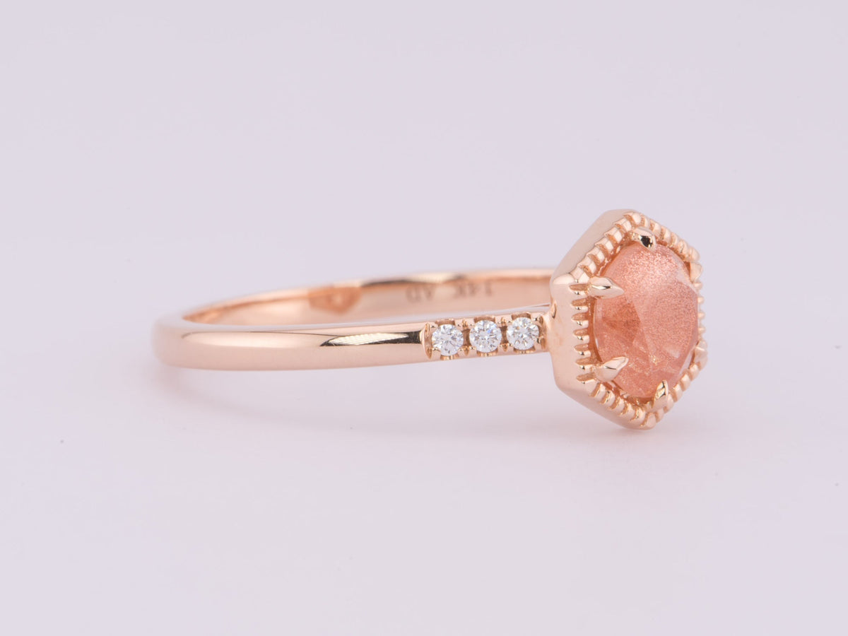 Brilliant Schiller Oregon Sunstone in Hexagon Setting 14K Rose Gold Engagement Ring R6602 Aurora Designer