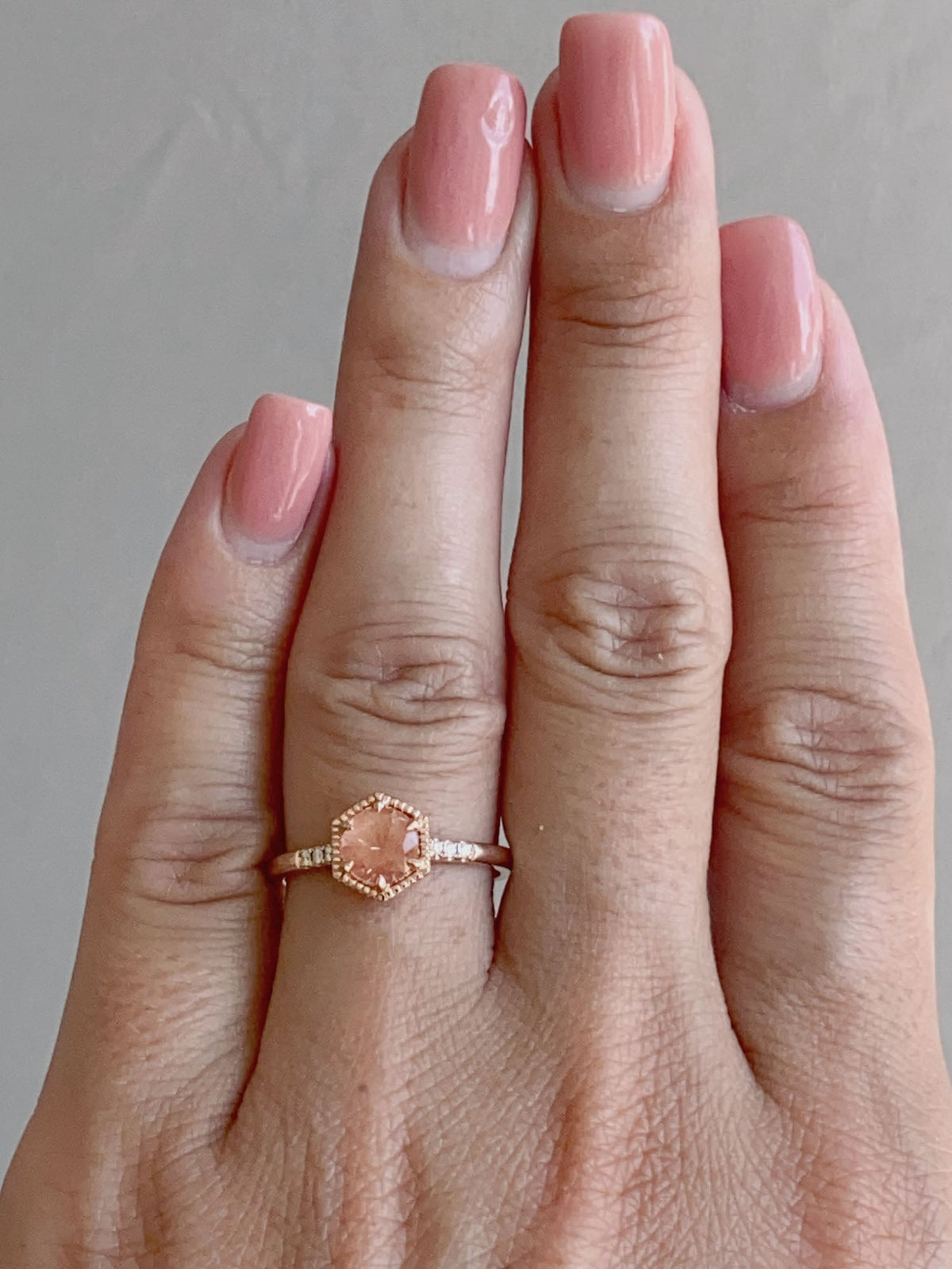 Brilliant Schiller Oregon Sunstone in Hexagon Setting 14K Rose Gold Engagement Ring R6602 Aurora Designer
