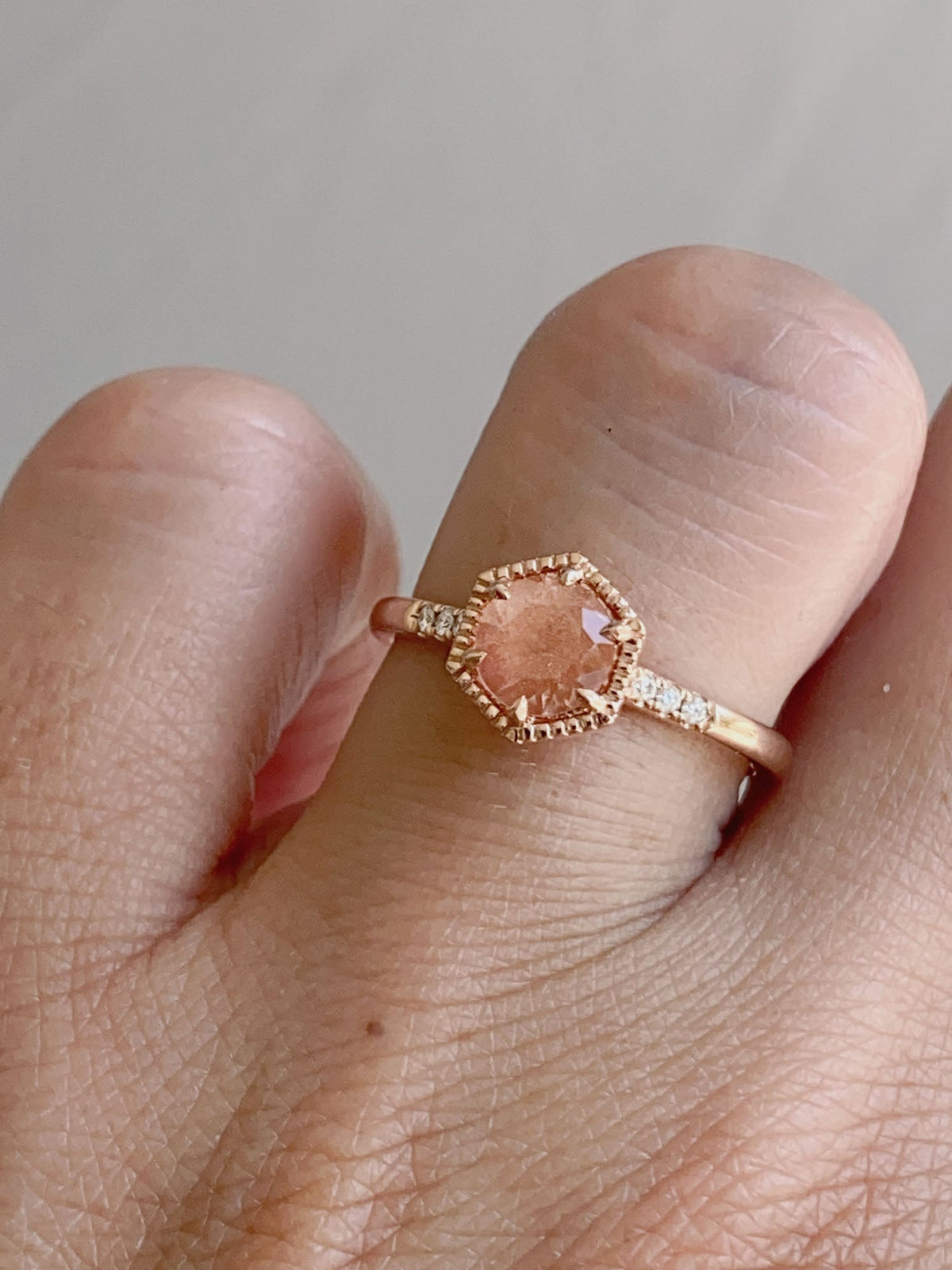 Brilliant Schiller Oregon Sunstone in Hexagon Setting 14K Rose Gold Engagement Ring R6602 Aurora Designer