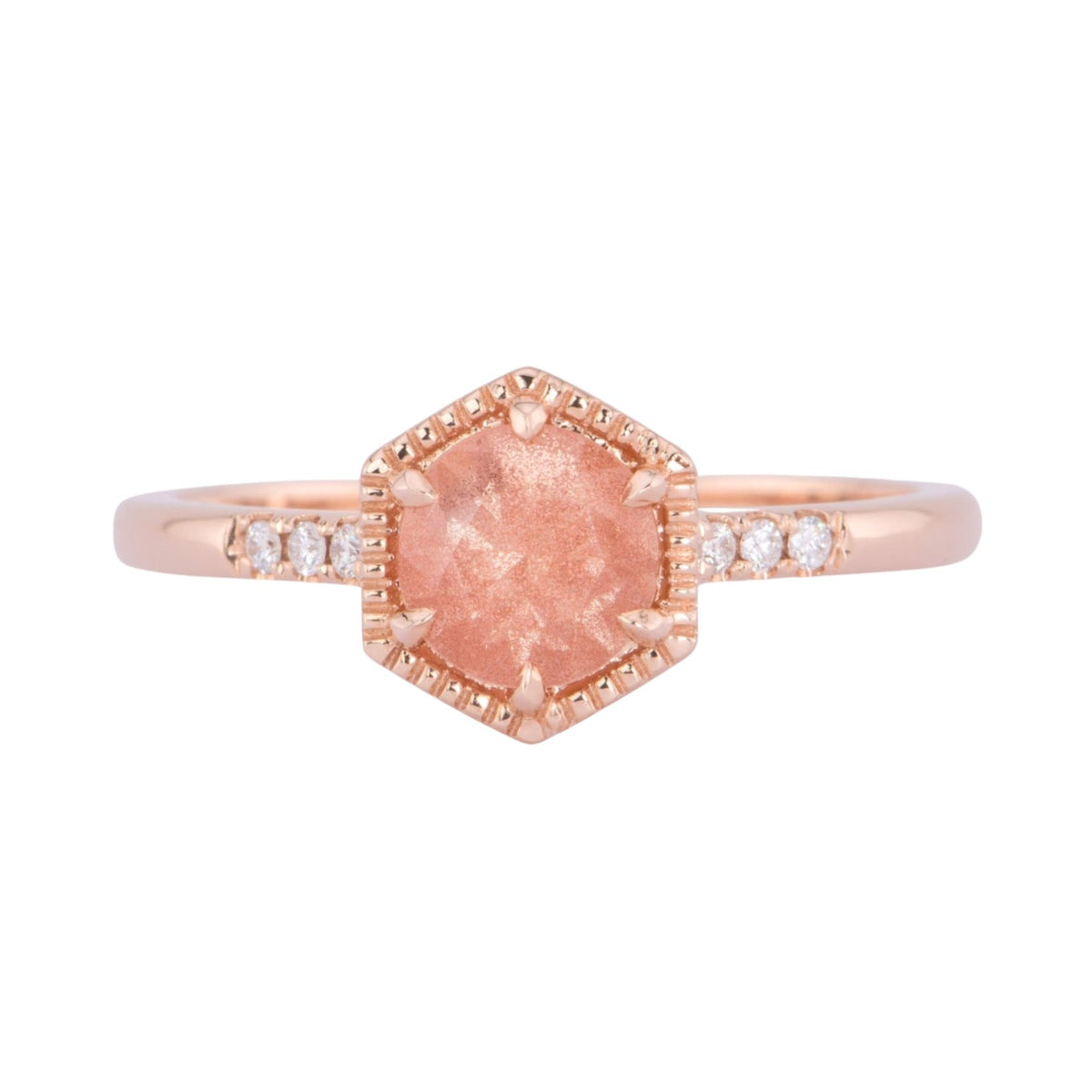 Brilliant Schiller Oregon Sunstone in Hexagon Setting 14K Rose Gold Engagement Ring R6602 Aurora Designer