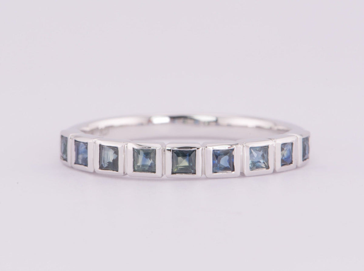 Teal Blue Sapphire Bezel Set Wedding Band 14K White Gold R6604 Aurora Designer