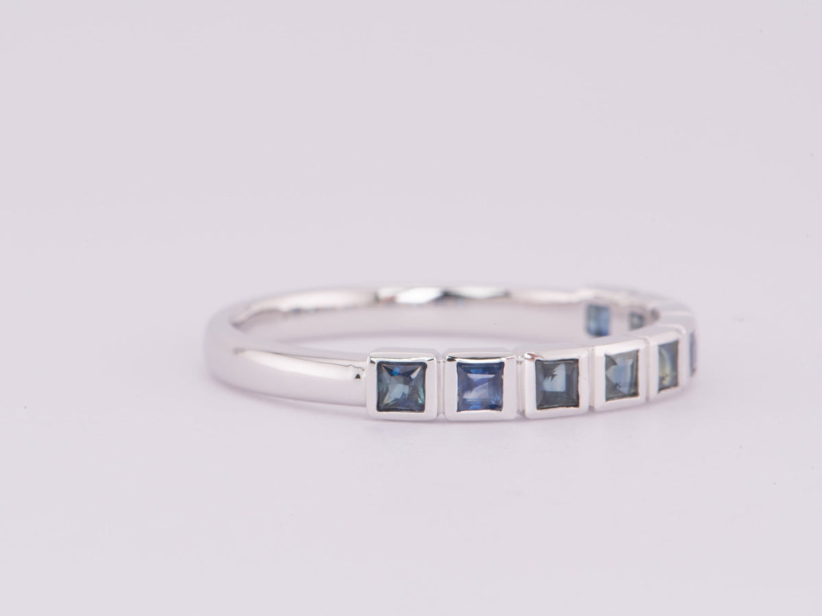Teal Blue Sapphire Bezel Set Wedding Band 14K White Gold R6604 Aurora Designer
