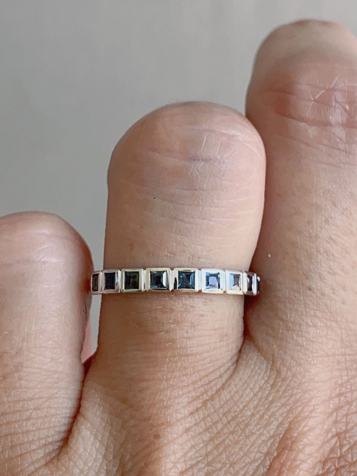 Teal Blue Sapphire Bezel Set Wedding Band 14K White Gold R6604 Aurora Designer