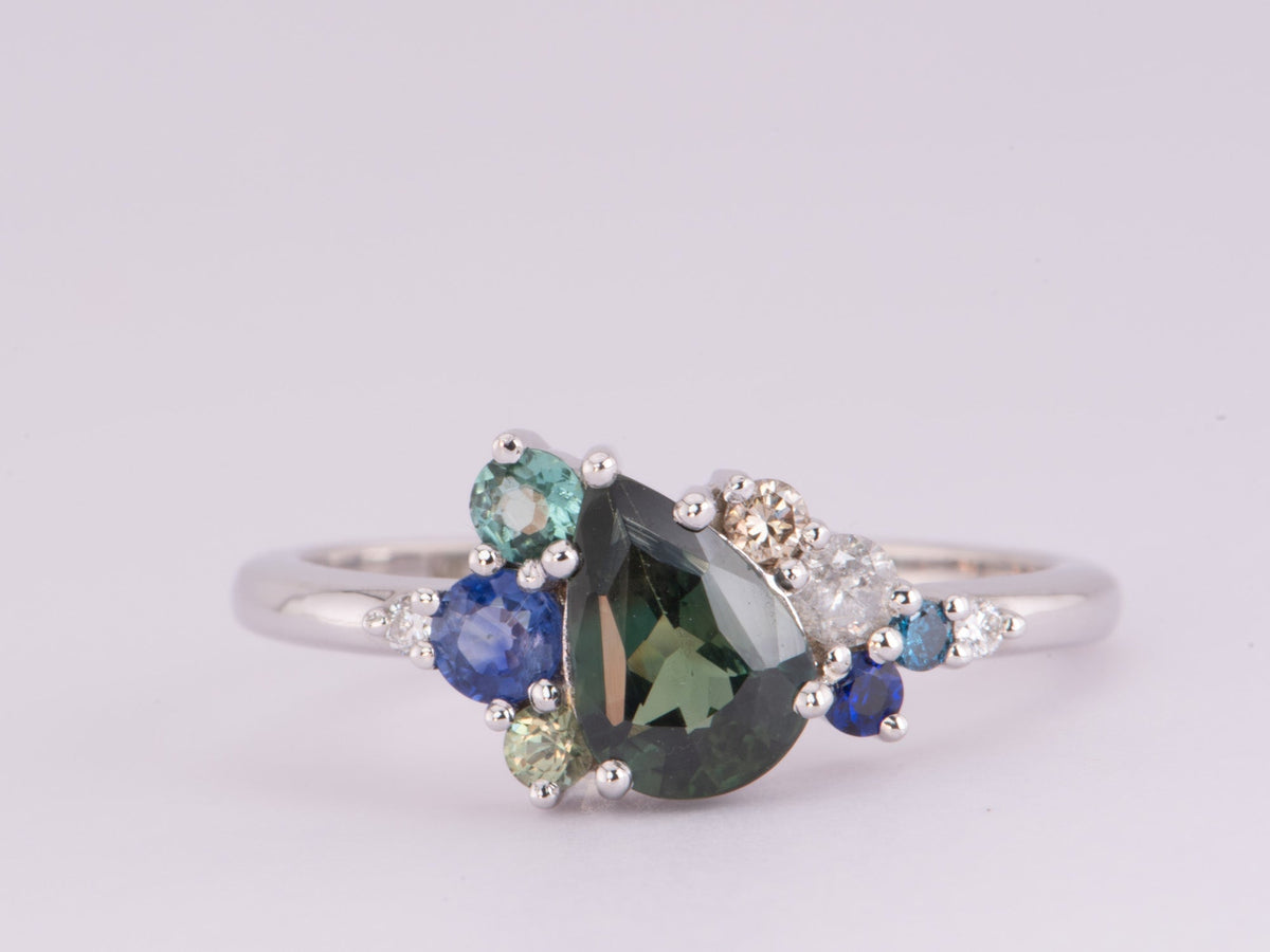 1.07ct Nigerian Teal Sapphire Diamond Cluster Engagement Ring 14K White Gold R6606 Aurora Designer