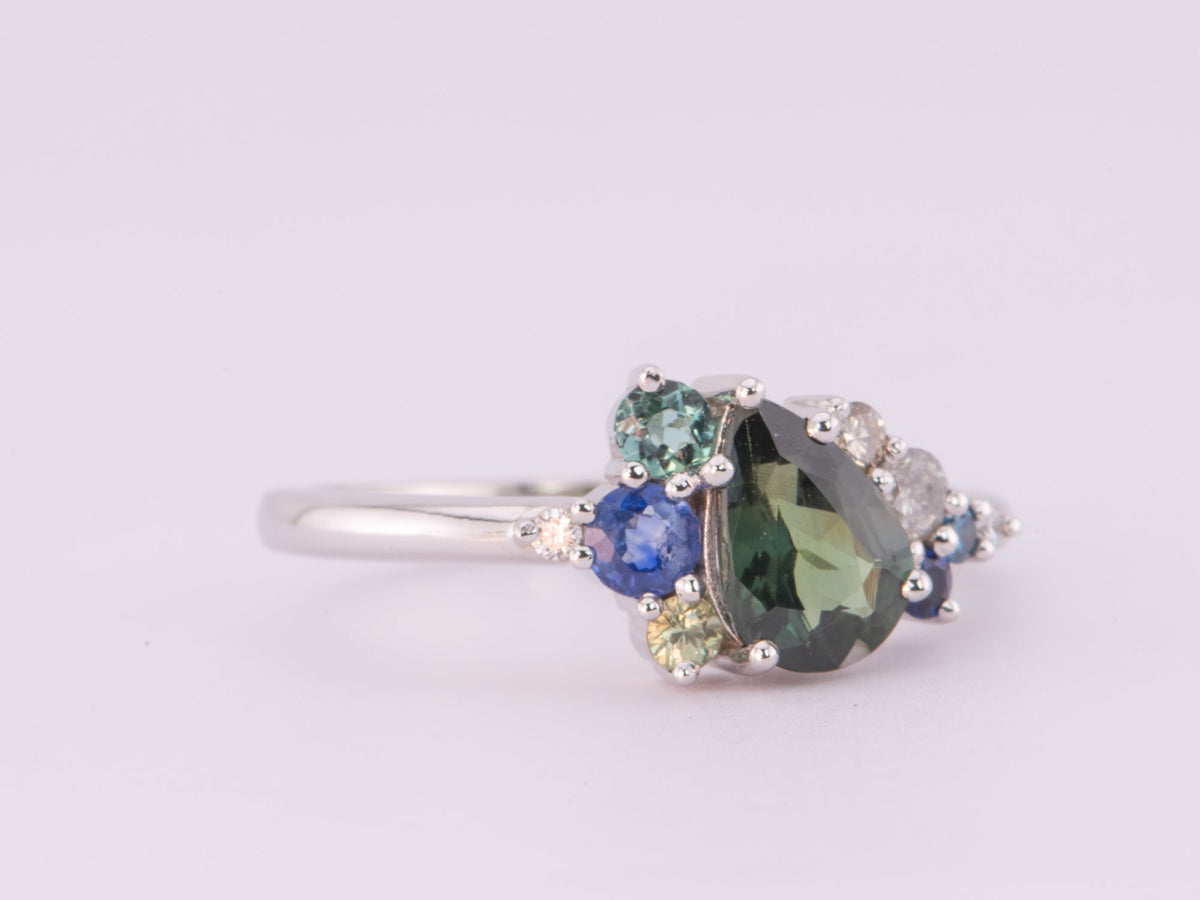 1.07ct Nigerian Teal Sapphire Diamond Cluster Engagement Ring 14K White Gold R6606 Aurora Designer