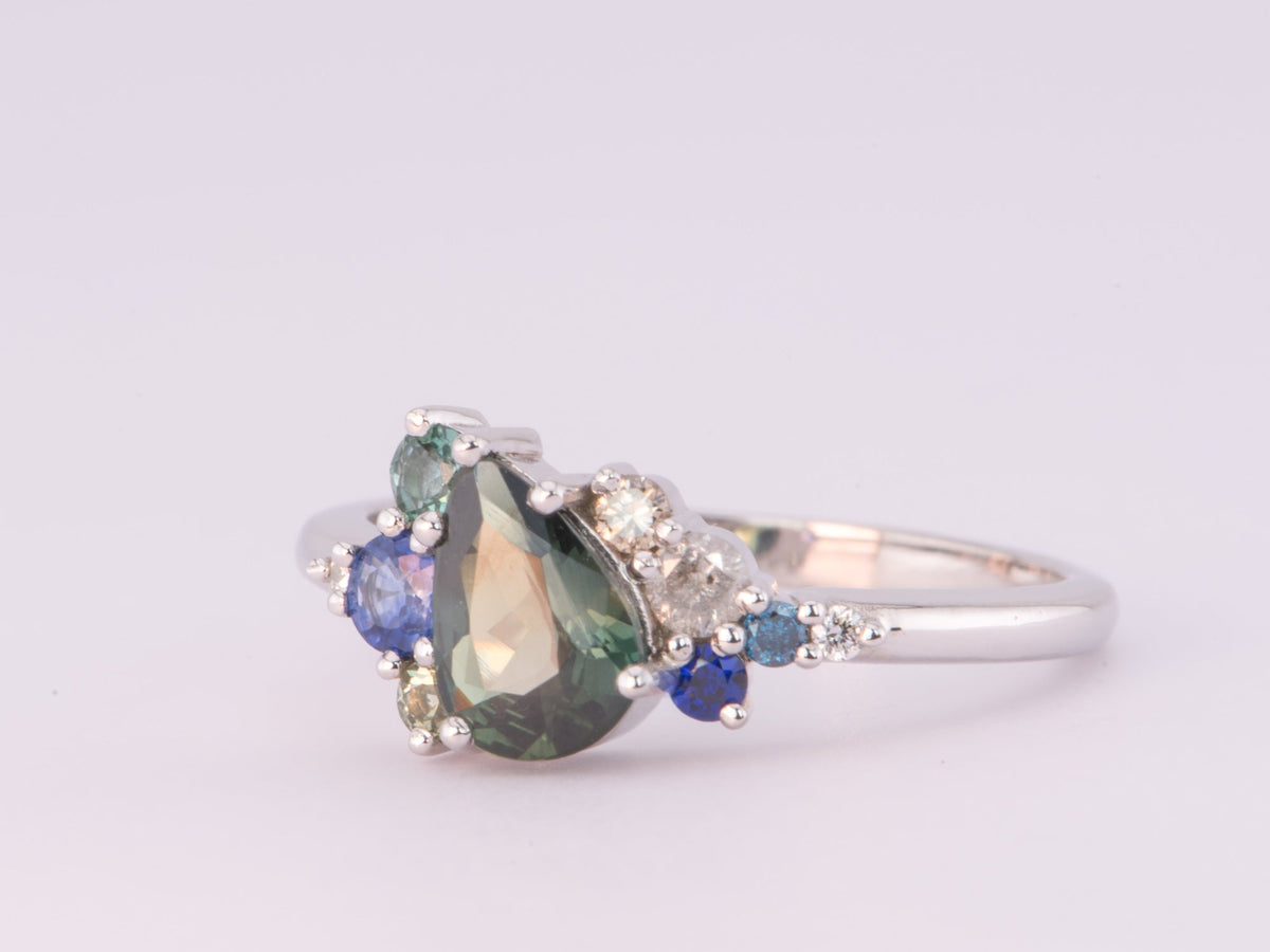 1.07ct Nigerian Teal Sapphire Diamond Cluster Engagement Ring 14K White Gold R6606 Aurora Designer