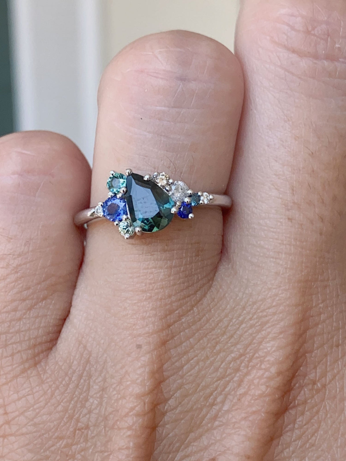 1.07ct Nigerian Teal Sapphire Diamond Cluster Engagement Ring 14K White Gold R6606 Aurora Designer