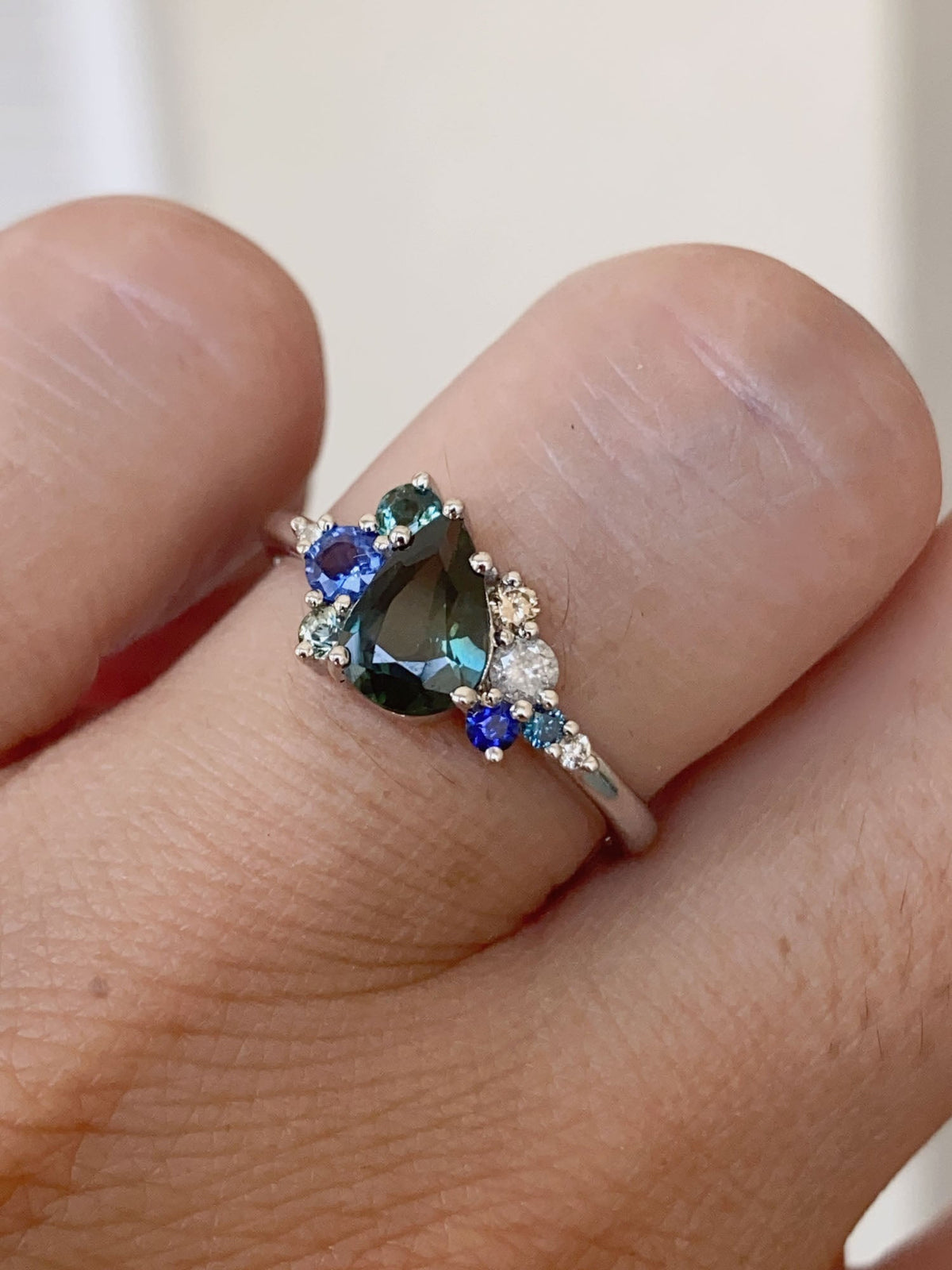 1.07ct Nigerian Teal Sapphire Diamond Cluster Engagement Ring 14K White Gold R6606 Aurora Designer