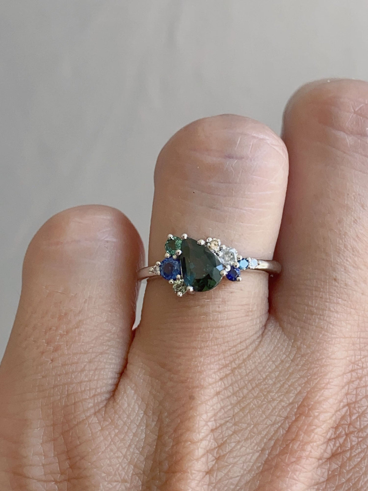 1.07ct Nigerian Teal Sapphire Diamond Cluster Engagement Ring 14K White Gold R6606 Aurora Designer