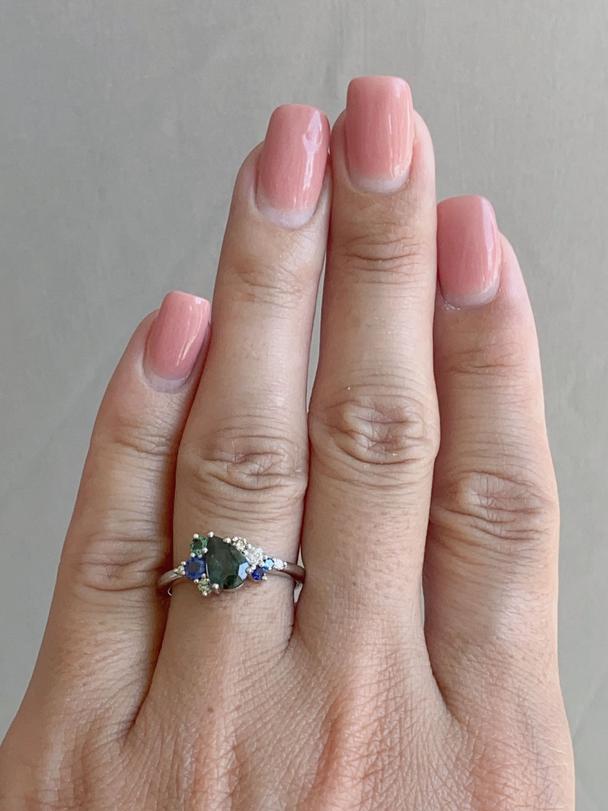 1.07ct Nigerian Teal Sapphire Diamond Cluster Engagement Ring 14K White Gold R6606 Aurora Designer