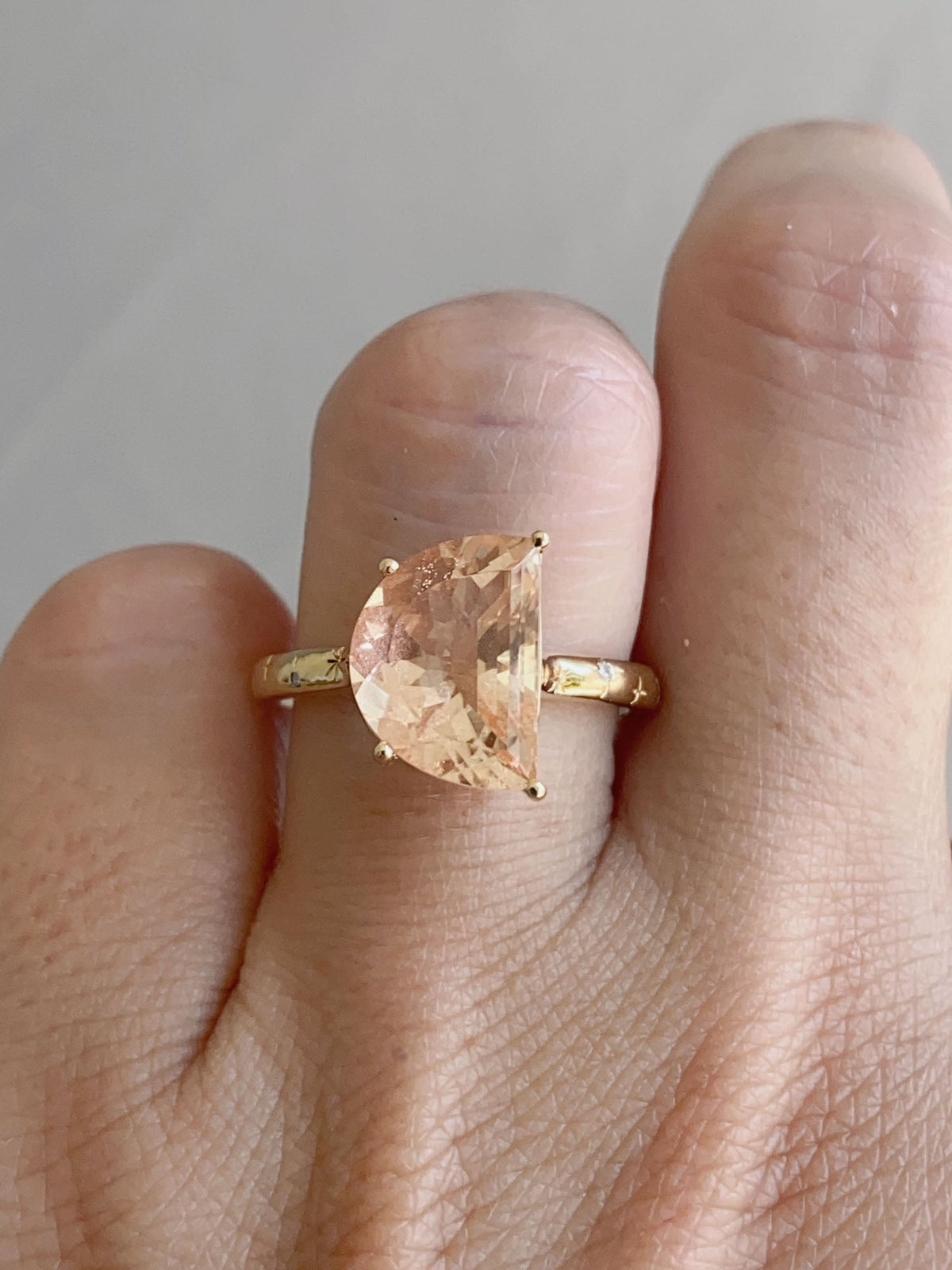 4.29ct Oregon Sunstone Half Moon with Celestial Design Band 14K Gold Aurora Designer