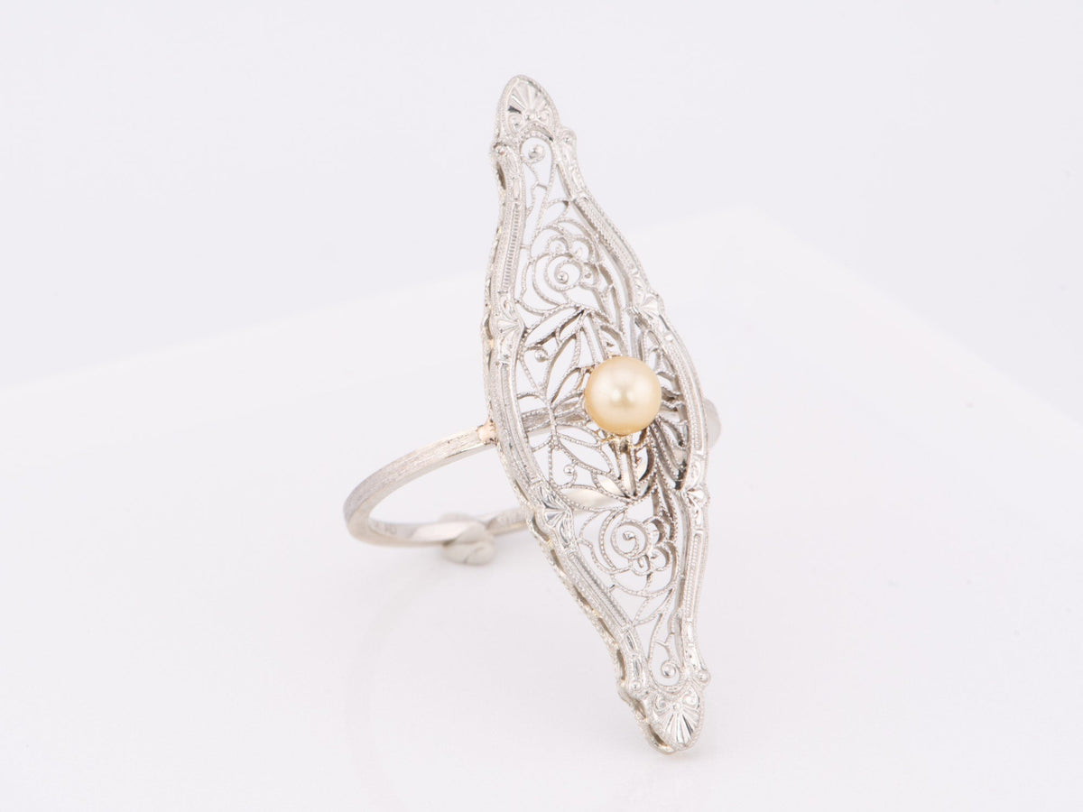 Navette Shape Krementz Filigree and Pearl Vintage Pin Conversion Ring 14K White Gold R6611 Aurora Designer