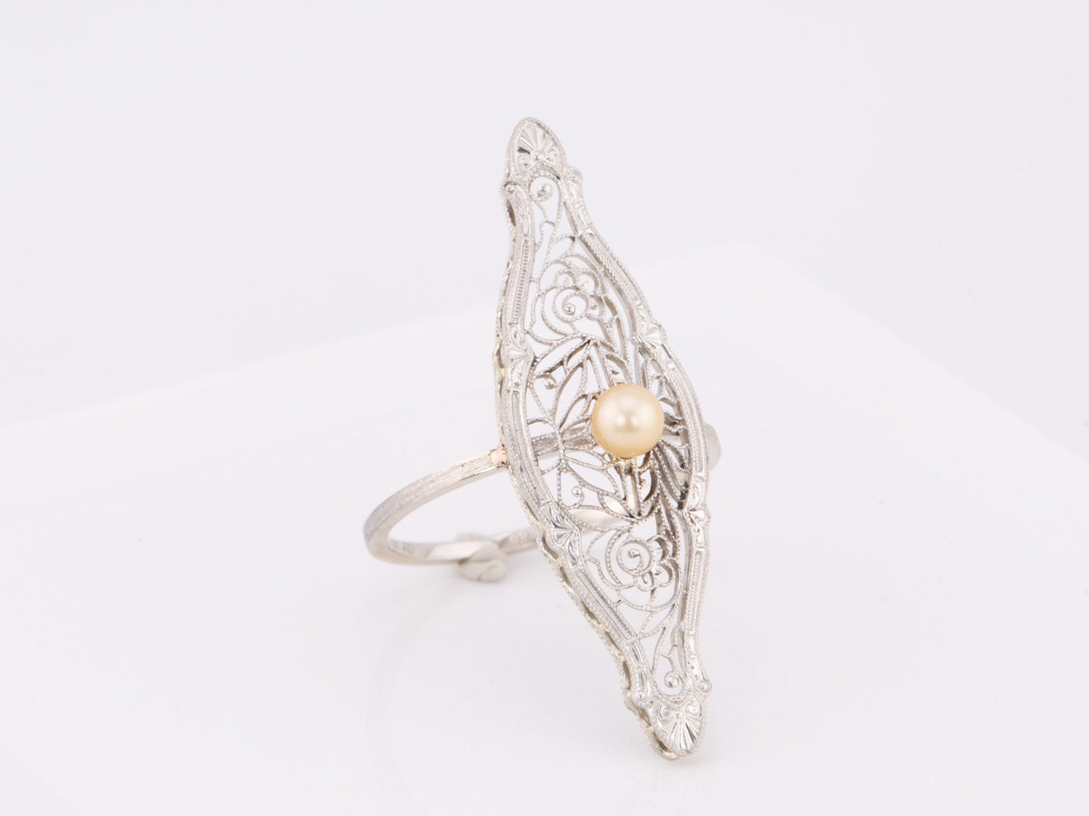 Navette Shape Krementz Filigree and Pearl Vintage Pin Conversion Ring 14K White Gold R6611 Aurora Designer
