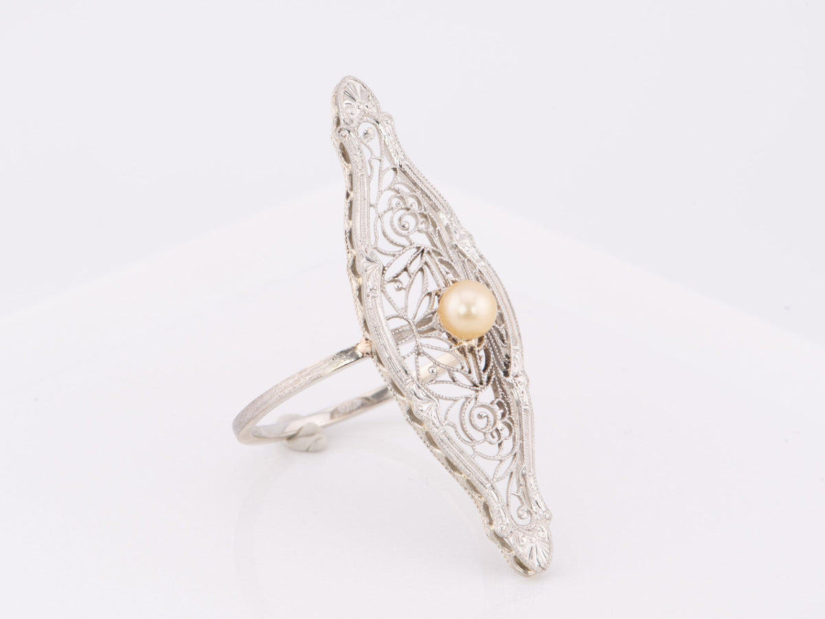 Navette Shape Krementz Filigree and Pearl Vintage Pin Conversion Ring 14K White Gold R6611 Aurora Designer