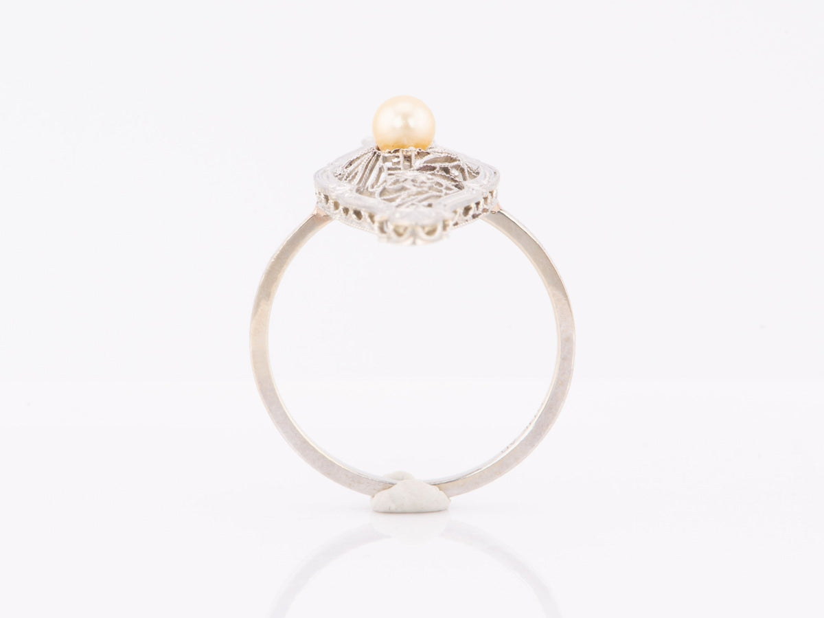 Navette Shape Krementz Filigree and Pearl Vintage Pin Conversion Ring 14K White Gold R6611 Aurora Designer