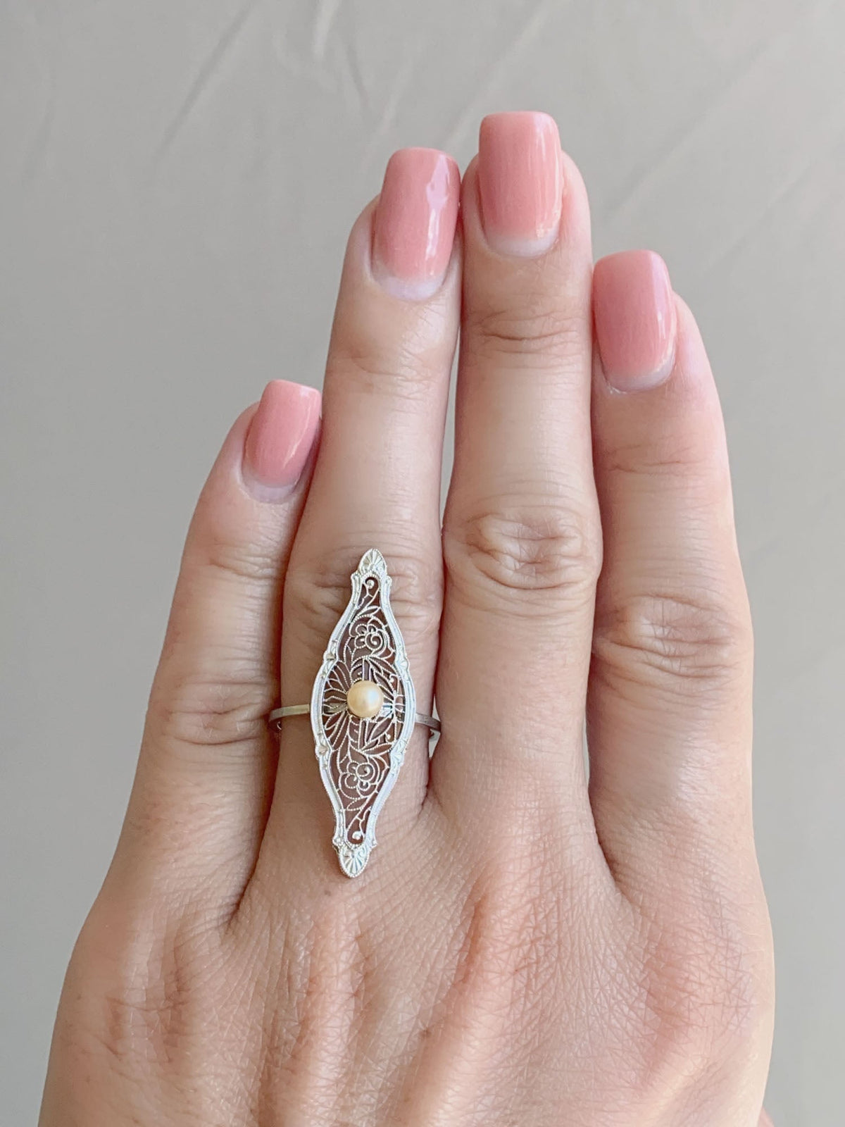 Navette Shape Krementz Filigree and Pearl Vintage Pin Conversion Ring 14K White Gold R6611 Aurora Designer