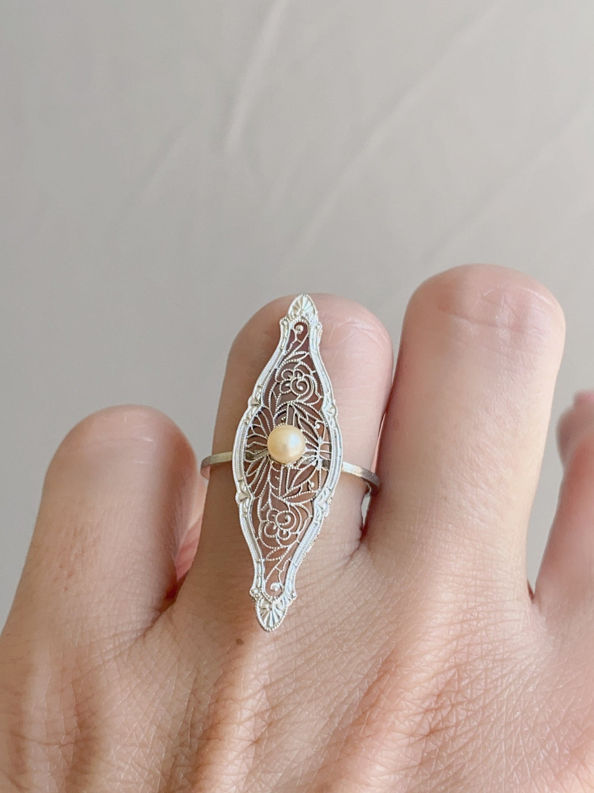 Navette Shape Krementz Filigree and Pearl Vintage Pin Conversion Ring 14K White Gold R6611 Aurora Designer