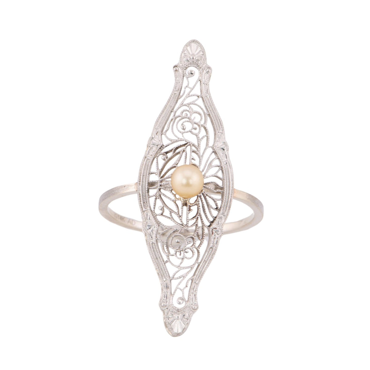 Navette Shape Krementz Filigree and Pearl Vintage Pin Conversion Ring 14K White Gold R6611 Aurora Designer
