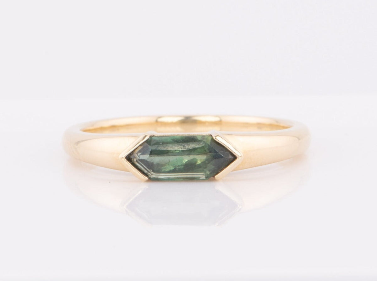 Elongated Hexagon Teal Sapphire Half Bezel 14K Gold Engagement Ring R6614 Aurora Designer