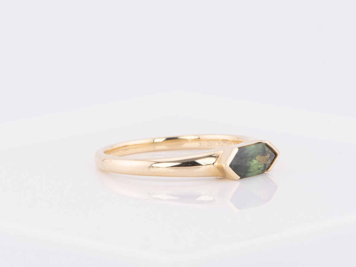 Elongated Hexagon Teal Sapphire Half Bezel 14K Gold Engagement Ring R6614 Aurora Designer