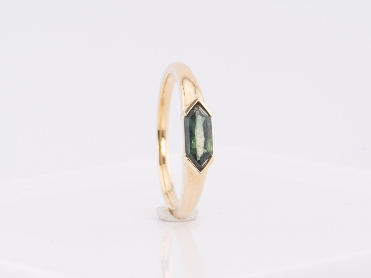Elongated Hexagon Teal Sapphire Half Bezel 14K Gold Engagement Ring R6614 Aurora Designer