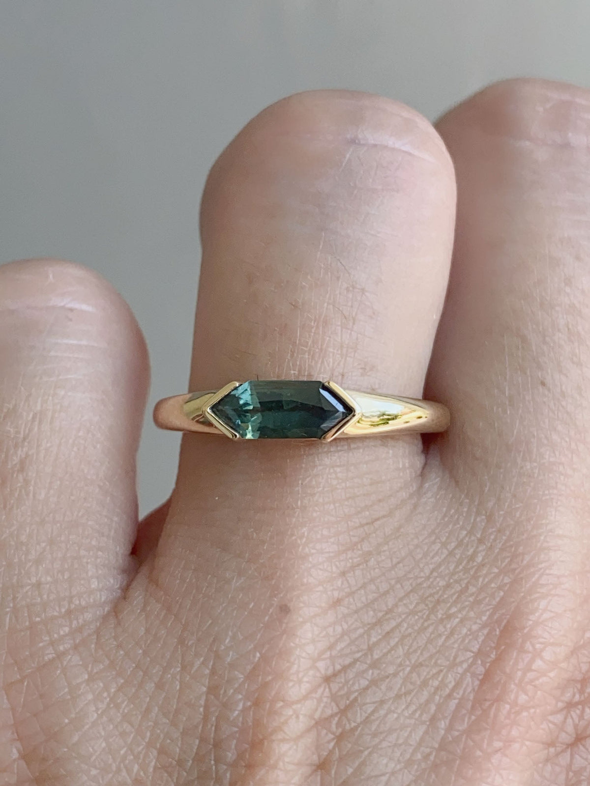 Elongated Hexagon Teal Sapphire Half Bezel 14K Gold Engagement Ring R6614 Aurora Designer