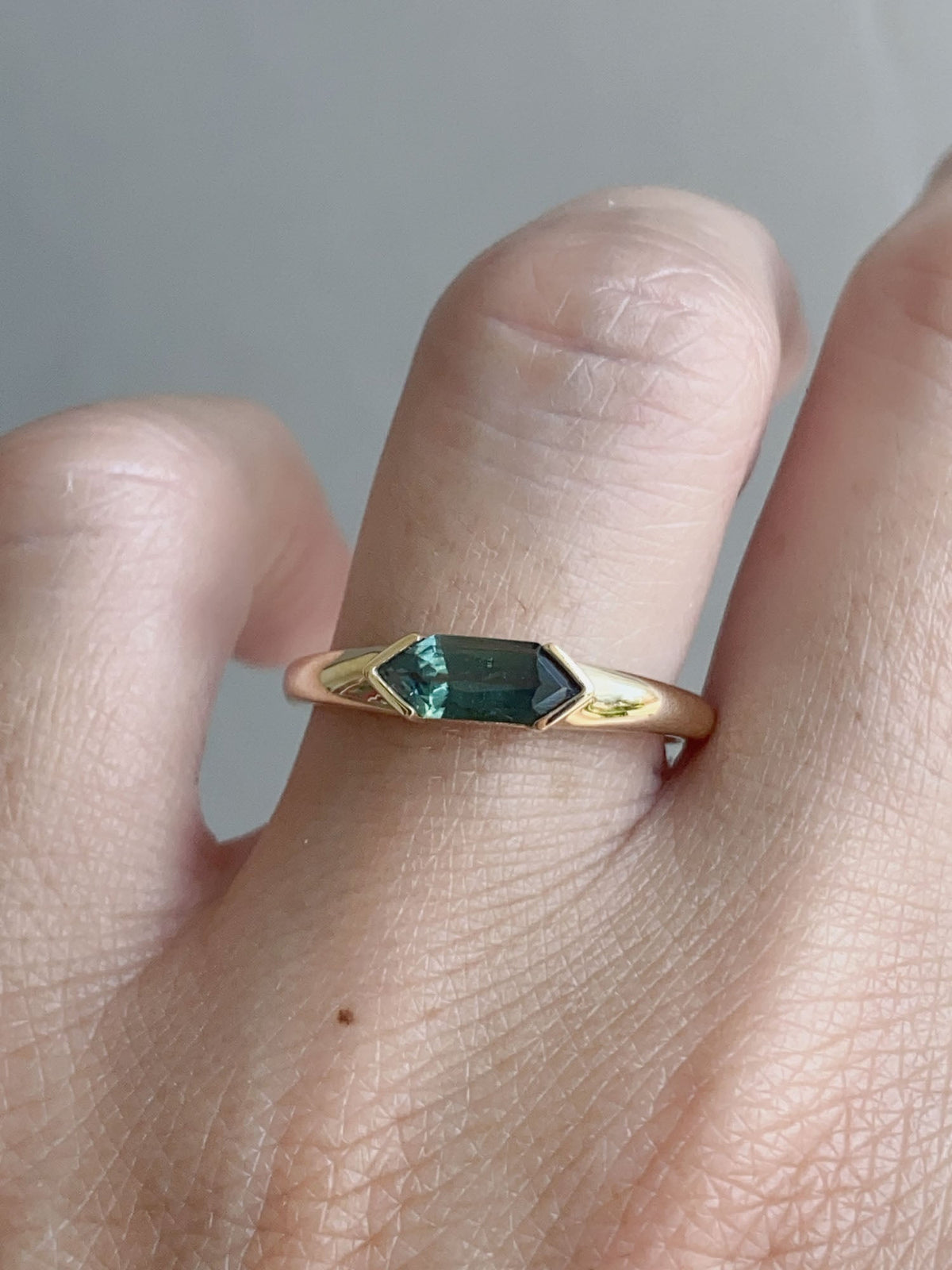 Elongated Hexagon Teal Sapphire Half Bezel 14K Gold Engagement Ring R6614 Aurora Designer