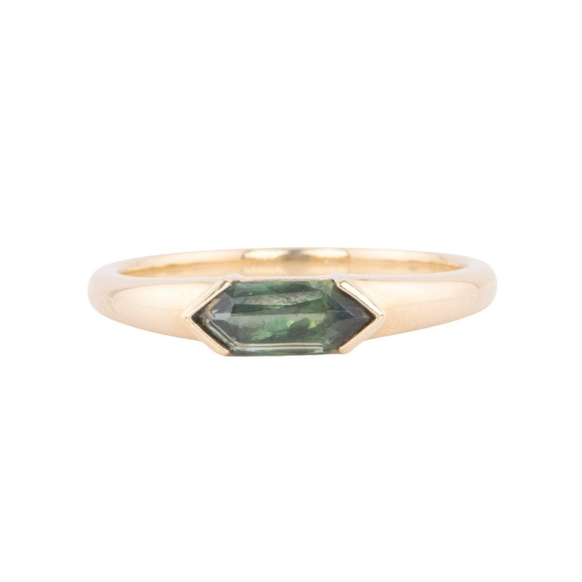 Elongated Hexagon Teal Sapphire Half Bezel 14K Gold Engagement Ring R6614 Aurora Designer