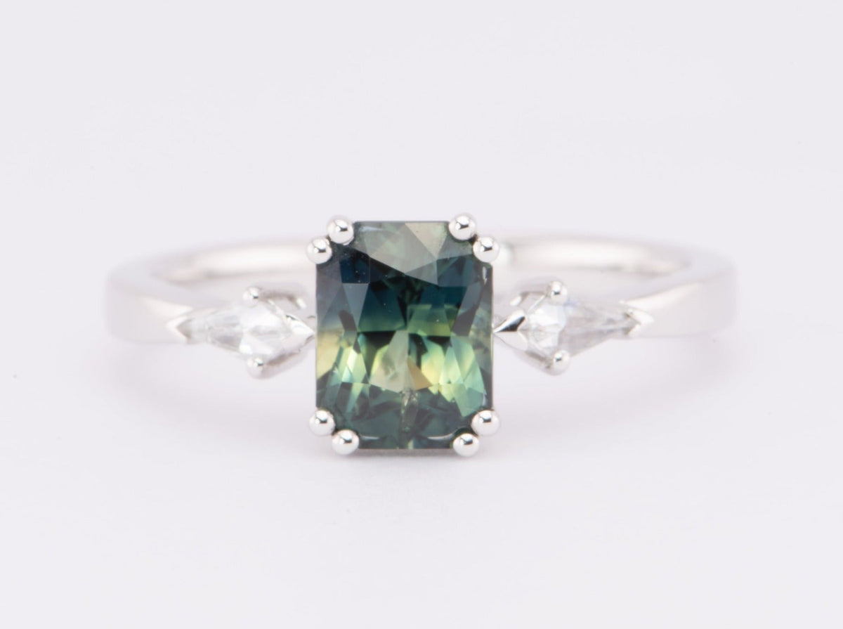1.48ct Teal Sapphire with Kite Diamonds Engagement Ring 14K White Gold R6615 Aurora Designer