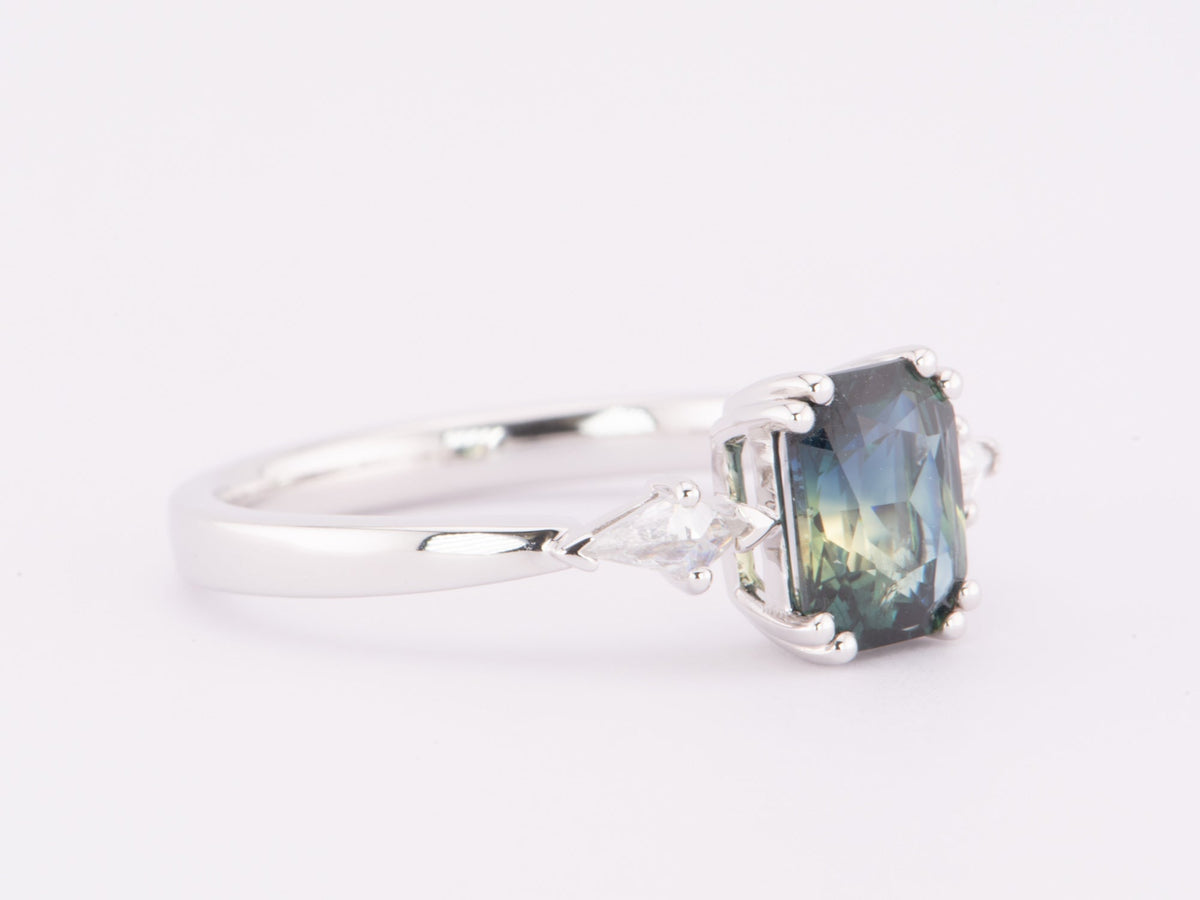 1.48ct Teal Sapphire with Kite Diamonds Engagement Ring 14K White Gold R6615 Aurora Designer