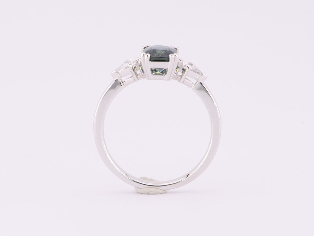 1.48ct Teal Sapphire with Kite Diamonds Engagement Ring 14K White Gold R6615 Aurora Designer
