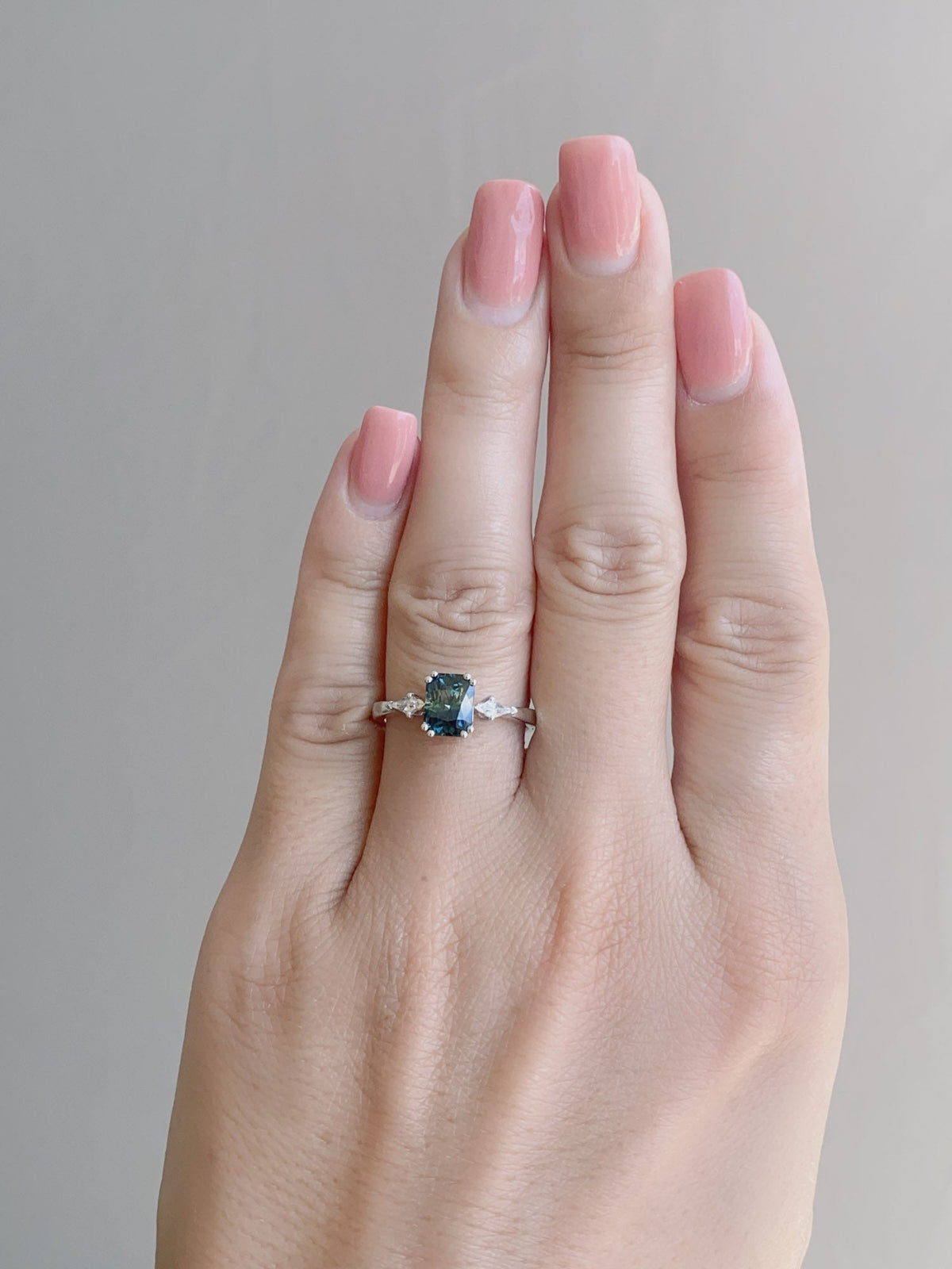 1.48ct Teal Sapphire with Kite Diamonds Engagement Ring 14K White Gold R6615 Aurora Designer