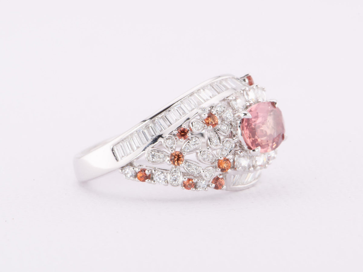 1.12ct Natural Padparadscha Sapphire and Diamond Cluster Ring 18K White Gold R6616 Aurora Designer