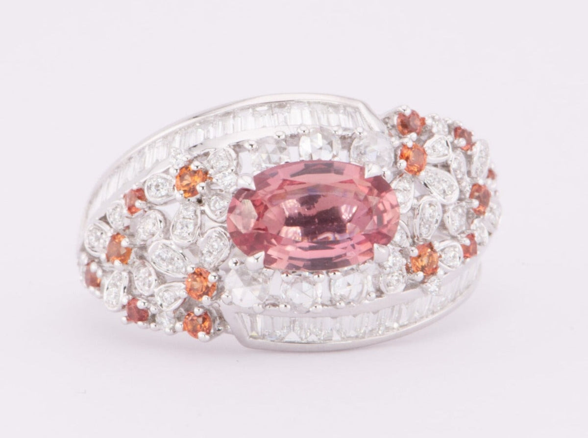 1.12ct Natural Padparadscha Sapphire and Diamond Cluster Ring 18K White Gold R6616 Aurora Designer