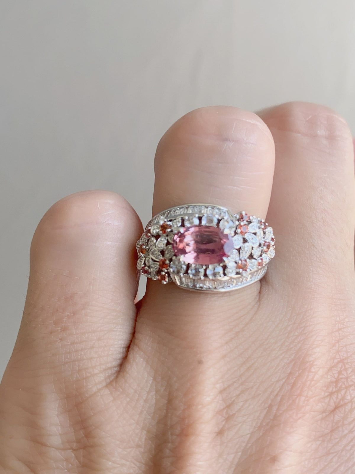 1.12ct Natural Padparadscha Sapphire and Diamond Cluster Ring 18K White Gold R6616 Aurora Designer