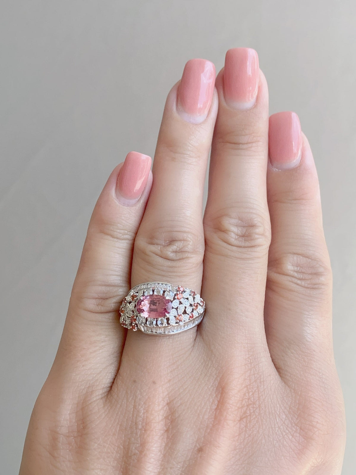 1.12ct Natural Padparadscha Sapphire and Diamond Cluster Ring 18K White Gold R6616 Aurora Designer