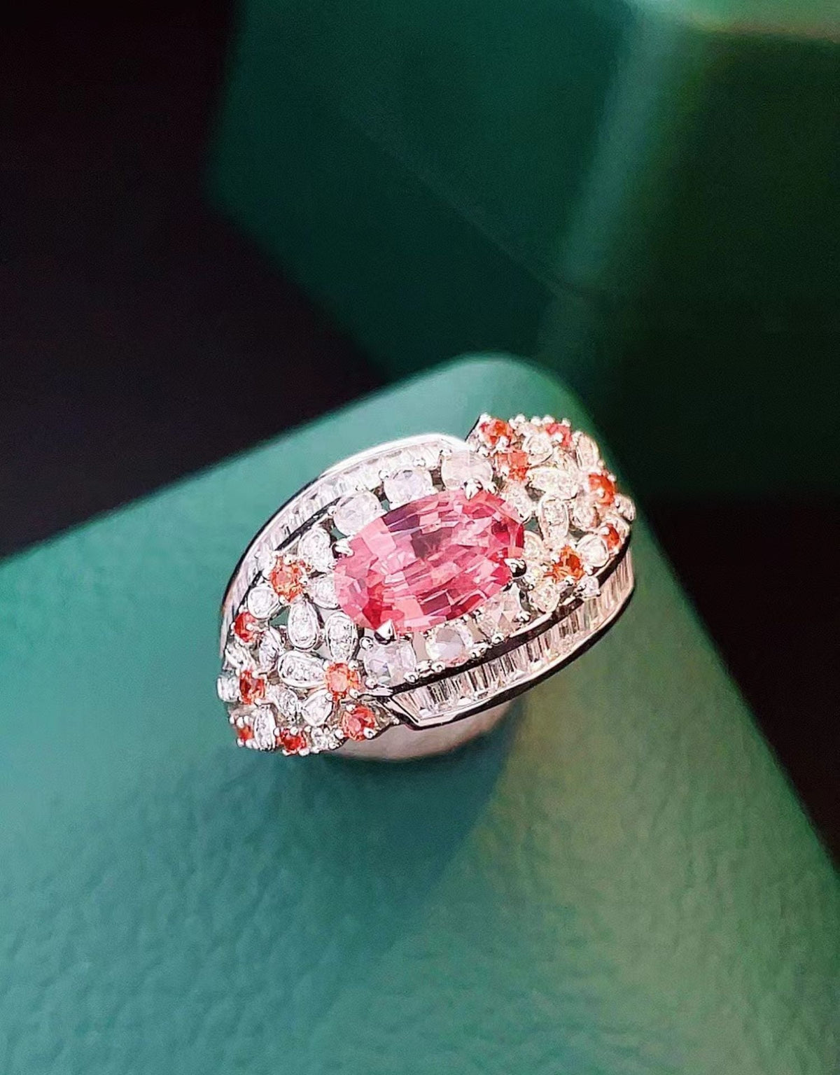 1.12ct Natural Padparadscha Sapphire and Diamond Cluster Ring 18K White Gold R6616 Aurora Designer