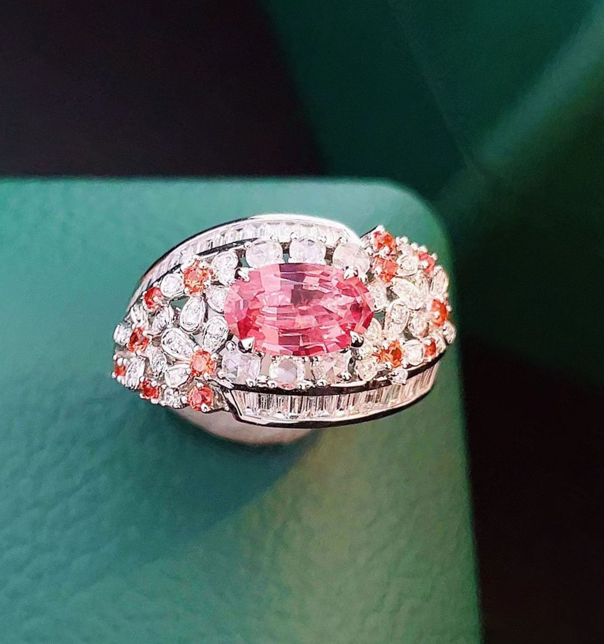 1.12ct Natural Padparadscha Sapphire and Diamond Cluster Ring 18K White Gold R6616 Aurora Designer